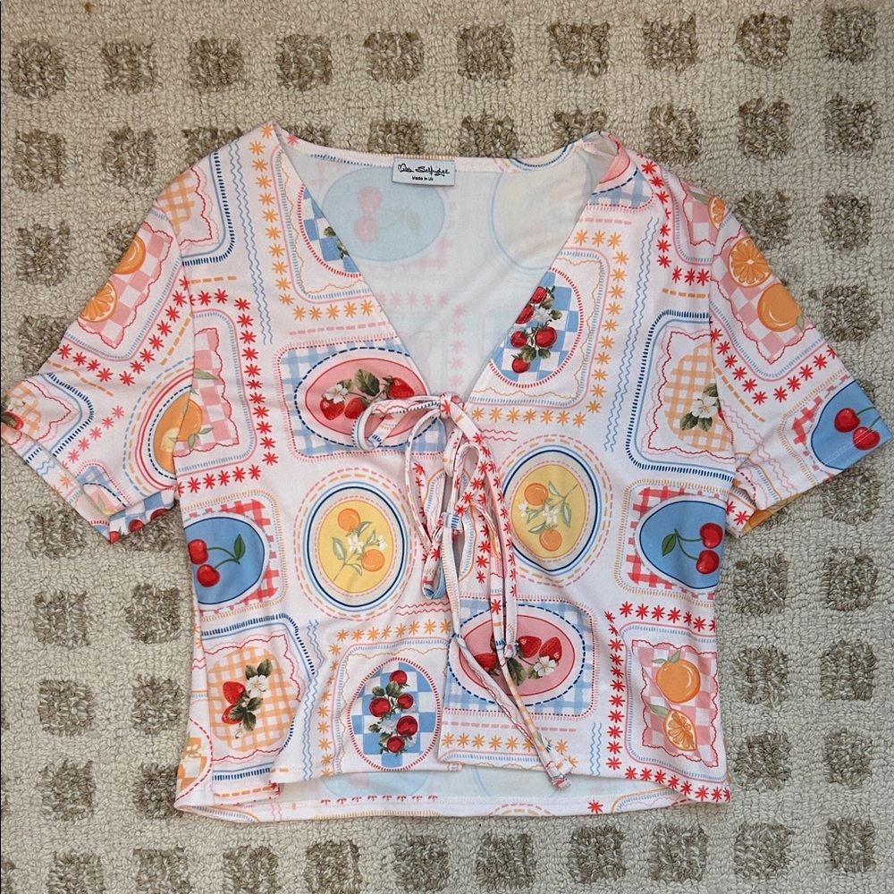 Miss Selfridge postcard print tie front blouse